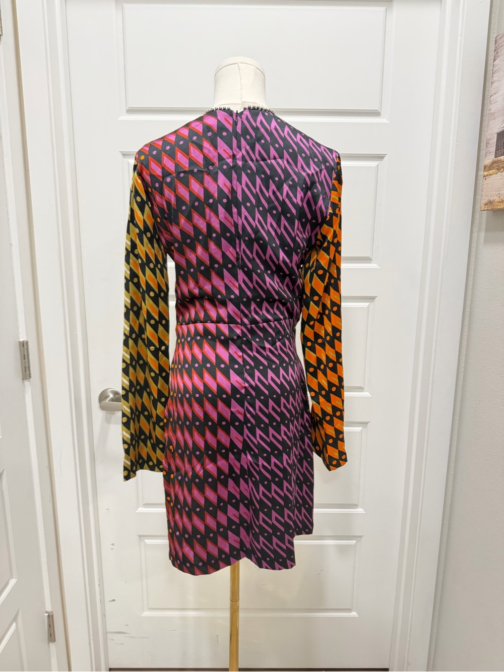 Zara Multicolor Printed Long‑Sleeve Mini Dress with Beaded Neckline - Picture 9 of 10